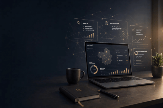 Tableau de diagnostic numérique illustrant l’analyse de la visibilité locale d’une entreprise