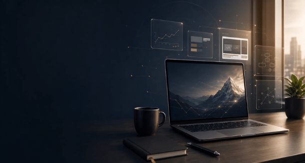 Espace de travail numérique premium illustrant la stratégie, le design web et l’intelligence artificielle de Symetria Lab